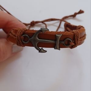 LEATHER BRACELET Unisex tie string boat anchor emblem hand crafted